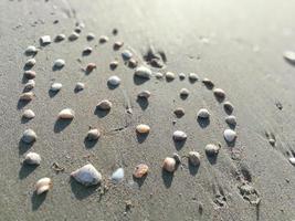 closeup Sea shell make arranged hearts shape on gray sand beach with sun light on summer photo