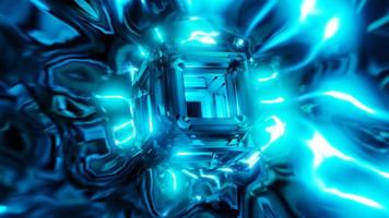 Blau leuchtender Cyber-Würfel mit Raumenergie-VJ-Loop-Hintergrund. hochwertige 4k-Aufnahmen