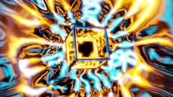 gelber Glühfliegen-Cybercube mit abstraktem Hintergrund der Raumenergie-VJ-Schleife. hochwertige 4k-Aufnahmen video