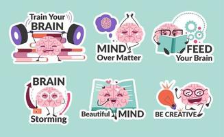Sticker design set with flat brain character vector