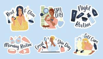 Sticker design set with woman skincare element vector