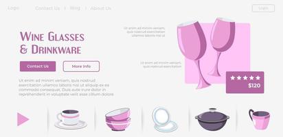 Wine glass and drinkware, website page design vector