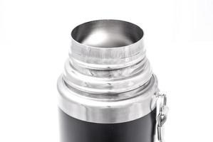 open neck of a black thermos on a white background photo