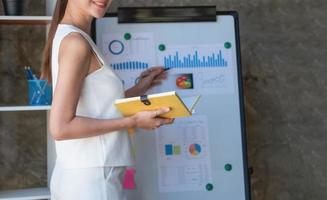 Asian businesswoman presenting business data with a board with charts, graphs hand holding a yellow notebook, And business documents lying on the table in the office, business concept. photo