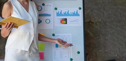 Asian businesswoman presenting business data with a board with charts, graphs hand holding a yellow notebook, And business documents lying on the table in the office, business concept. photo