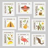 Postal mark set with colorful mexican element vector