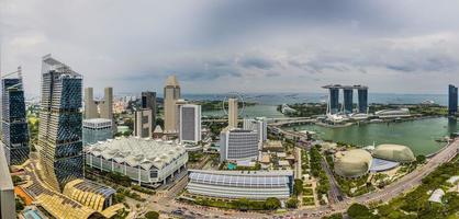 Aerial panoramic picture of Singapore skyline and gardens by the bay during preparation for Formula 1 race during daytime in autumn photo