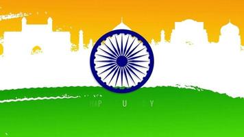 Happy India Republic day on grunge flag texture background, flat animation with fireworks and indian monuments landmark video