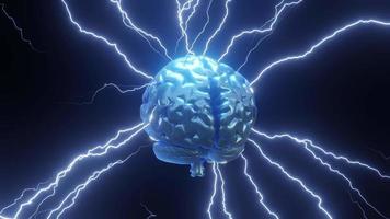 chispas relámpago sobre el cerebro humano. ideas o lluvia de ideas relacionadas. resolución 4k girar el cerebro. Color azul. video