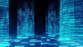 código de fluxo futurista de servidor de big data na sala do espaço cibernético, câmera voa através da animação, código de cintilação azul, resolução 4k, conceito de fundo de tecnologia. video