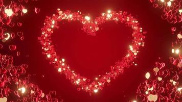 hjärtan form linje partiklar valentine bakgrund, röd och guld färgad, glitter lysande, partiklar längs hjärtan form linje animation, 4k upplösning. video