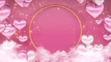 Anillo de oro 3d con corazón en la nube San Valentín sobre fondo rosa. animación de diapositivas en la nube, partículas de corazones flotan, brillo dorado, resolución de 4k. video