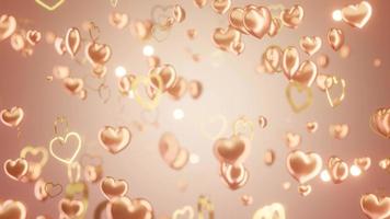 pink gold 3d hearts particles background, float up animation, glitter glow bokeh, depth of field, 4k resolution. video