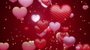 Valentine hearts geometric with particles and gold glitter glowing, pink heart, stripe red hearts, gold, float up animation, 3d rendering, depth of field, 4k resolution video