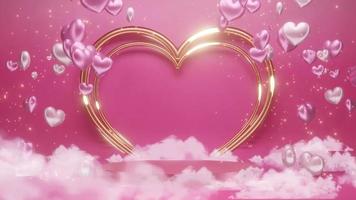 3d gold heart shape with podium, particles hearts pink white colour. cloud on ground slide animation, glitter gold, 4k resolution. video