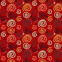 Bright pattern of multi-colored spirals on a red background. Seamless vector image.