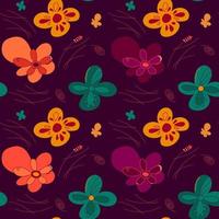 Bright multicolored vintage pattern. Vector flowers, spirals, stripes. Seamless image.