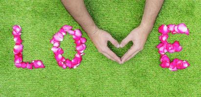 pétalos de rosa en una fila de amor con el símbolo del corazón de la mano. concepto de día de san valentín foto