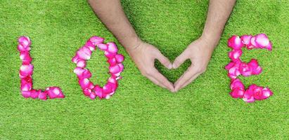 Rose petals in a row of love with hand heart symbol. Valentine day concept photo