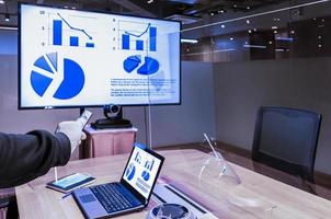 Businessman hand hold remote control with slide presentation on display television and laptop in meeting room photo