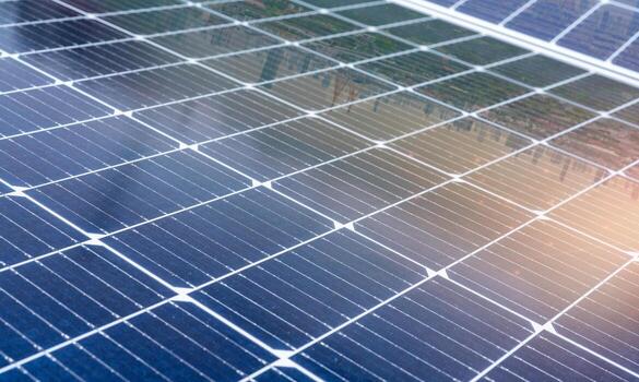 Selective focus on solar panels or photovoltaic module. Solar power for green energy. Sustainable resources. Solar cell panels use sun light as a source to generate electricity. Photovoltaics or PV. photo