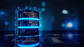 Structured Query Language code on a database is placed on relational tables with server room photo