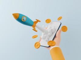 3d illustration, Business start-up concept, Businessman holding smartphone and rocket launching with dollar coin photo