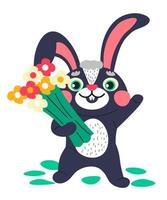 conejo con ramo de flores saludo vector