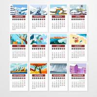 calendario con fechas y días, vector de paisajes