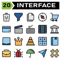 User interface icon set include bin, trash, basket, delete, remove, funnel, sort, filter, user interface, file, duplicate, paste, paper, copy, compass, direction, navigate, navigation, trolley, buy vector