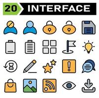 User interface icon set include block, user, avatar, user interface, padlock, lock, protection, unlock, save, drive, floppy disk, empty, low, battery, full, menu, app, flag, flags, pin vector