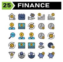 el conjunto de iconos de finanzas incluye construcción, inversión, hogar, dinero, seguridad, calendario, impuestos, fecha, día, finanzas, mano, ahorro, piggy, banca, gráfico, arriba, flecha, ganancias, abajo, negocios, hombre, moneda, dólar vector