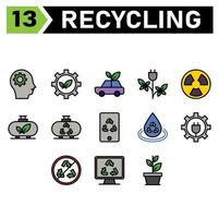 el conjunto de iconos de ecología y reciclaje incluye cabeza, equipo, medio ambiente, ecología, reciclaje, hoja, sostenible, coche, residuos, vehículo, energía, electricidad, reactor, nuclear, potencia, industria, tanque, eco, dispositivo, gadget