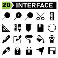 el conjunto de iconos de la interfaz web incluye búsqueda, aplicación web, vidrio, lupa, zoom, fuera, felpa, adentro, menos, corte, tijera, interfaz, regla, medida, herramienta, escuela, lápiz, marcador, esencial, objeto, recarga vector