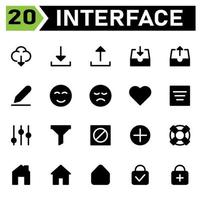 User interface icon set include cloud, weather, download, user interface, arrows, upload, draw, pencil, edit, face, emoticon, smile, sad, love, favorite, filter, menu, option, tunnel, block full cross vector