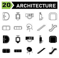 Architecture symbol icon set include pad, footing, structure, stepped, sloped, column, concrete, single, door, double, sliding, window, ventilation, stair, walk, step, u stair, l stair, curved, toilet vector