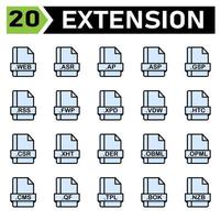 File extension icon set include web, asr, ap, asp, gsp, rss, fwp, xpd, vdw, htc, csr, xht, der, obml, opml, cms, qf, tpl, bok, nzb, file, document, extension, icon, type, set, format, vector, symbol vector