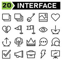 Web interface icon set include layer, web app, add, stack, server, key, keyword, security, protect, image, album, picture, photos, heart, essential, favorite, broken, crack, flag, milestone, finish vector