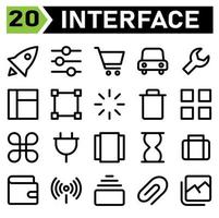 User interface icon set include rocket, start up, project louche, space, user interface, slider, optional, equalizer, filter, sorting, cart, shopping, basket, buy, e commerce, car,transport,automobile vector