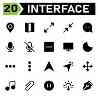 User interface icon set include map, pin, location, user interface, guide, direction, maximize, full screen, enlarge, arrows, minimize, reduce, close, message, chat, misc, communication, mic, podcast vector