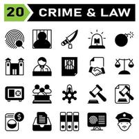 Crime and Law icon set include fingerprint, identification, investigation, evidence, search, jail, prisoner, criminal, convict, prison, knife, crime, weapon, siren, ambulance, police, emergency vector