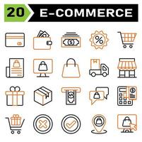 E commerce icon set include e commerce, money, wallet, finance, dollar, discount, price, sale, percent, trolley, buy, chart, shopping, bill, computer, cart, shop, online, bag, truck, delivery, car vector