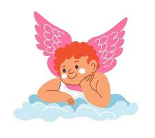 Cute angel boy with wings sitting on cloud vector