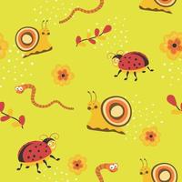 Insect seamless pattern, snail ladybug leaves vector