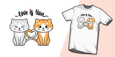 diseños de plantilla de camiseta de gatos de pareja linda dibujada a mano vector