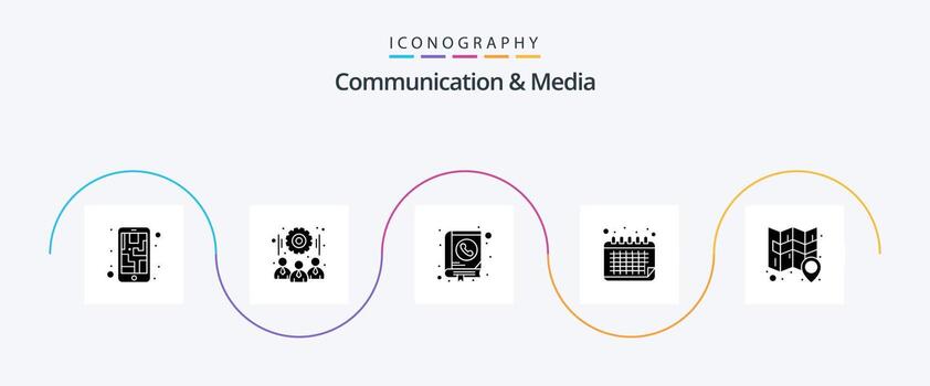 Communication And Media Glyph 5 Icon Pack Including location. event. address. date. address vector