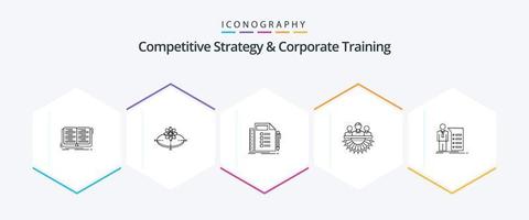 paquete de iconos de 25 líneas de estrategia competitiva y formación corporativa, incluida la gestión. grupo. ligero. asignación. planificación vector