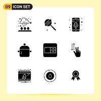 Group of 9 Modern Solid Glyphs Set for select box kitchenware mobile mic kitchen drink Editable Vector Design Elements