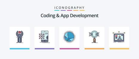 Coding And App Development Line Filled 5 Icon Pack Including code. research. app. mobile. Creative Icons Design vector