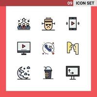 grupo de 9 signos y símbolos de colores planos de línea rellena para elementos de diseño vectorial editables de volumen de imagen de amplificador de tecnología de video vector
